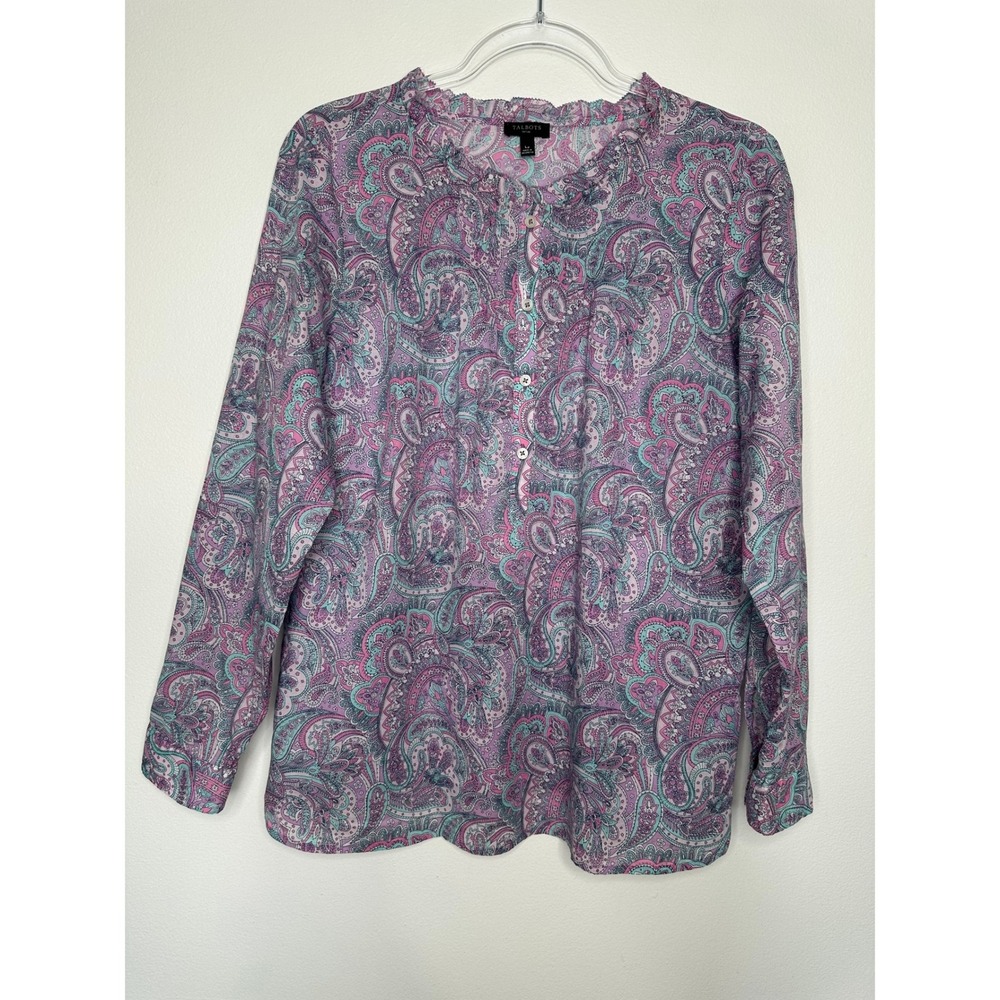 Talbots Ruffle Neck Popover Top Size L Petite Pink Purple Paisley